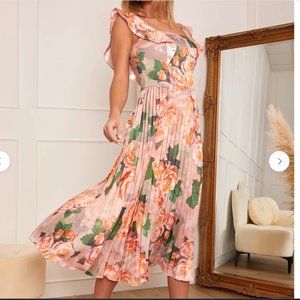 Floral Print Ruffle Pleated Midi Dress in Pink Size 10